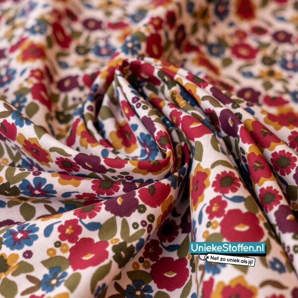 Katoen bloemen Jane ecru rood
